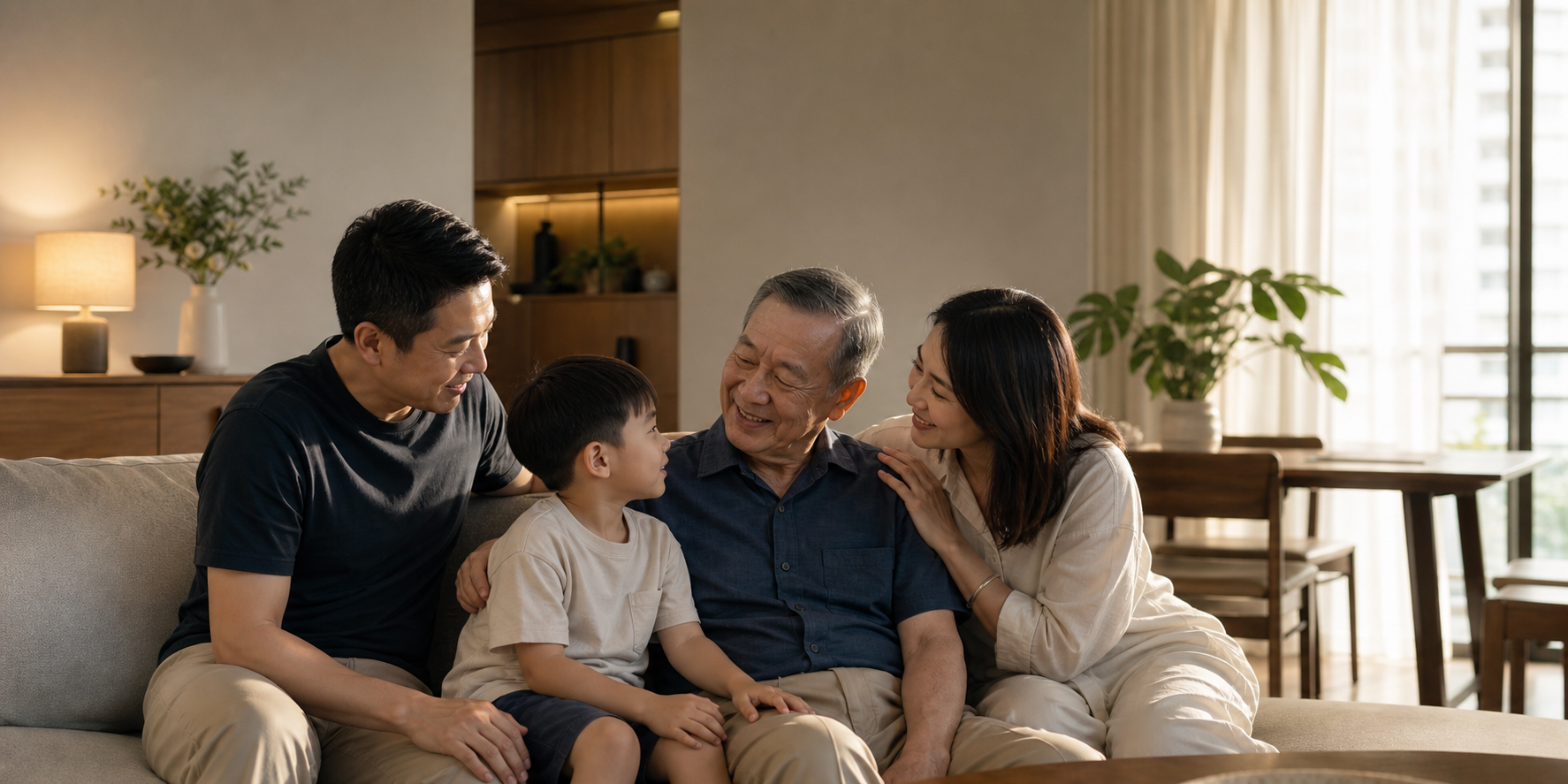 A family gathered warmly around an elderly parent at home.