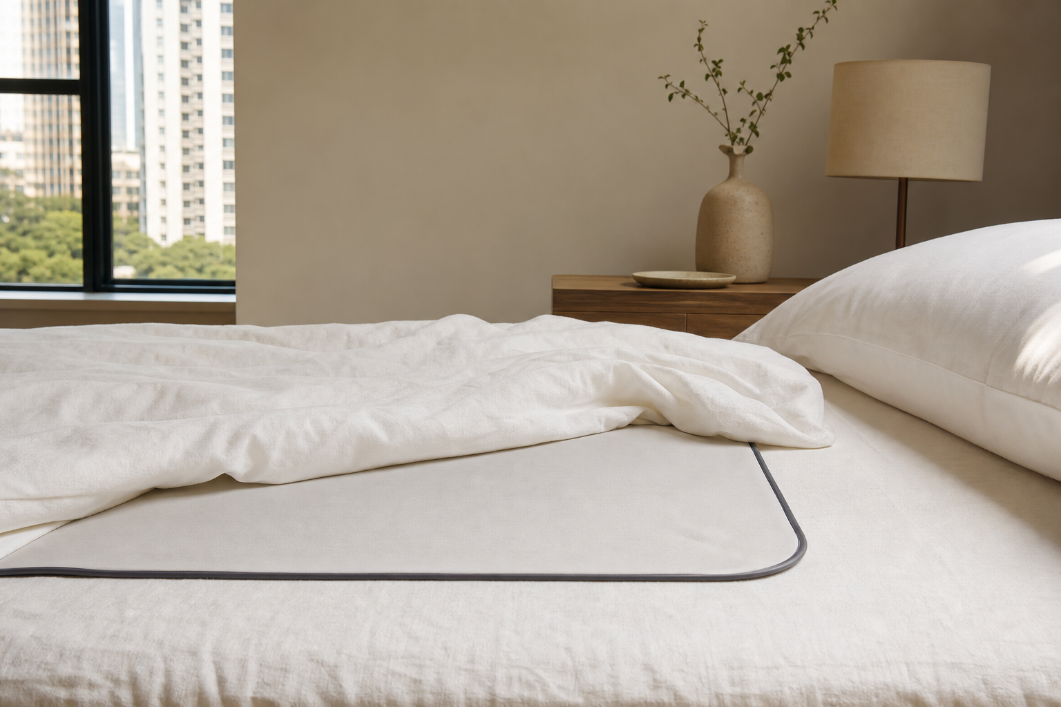 A monitoring mat tucked beneath clean white bedding.