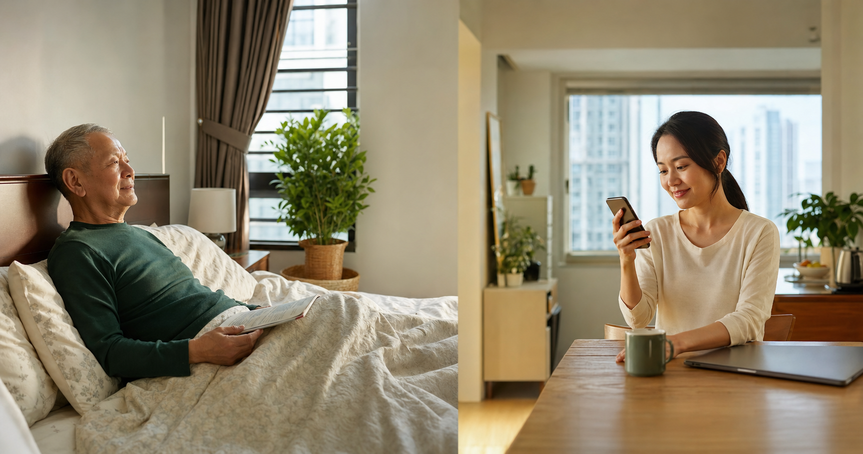An elderly parent resting at home and an adult caregiver calmly checking in from another room.